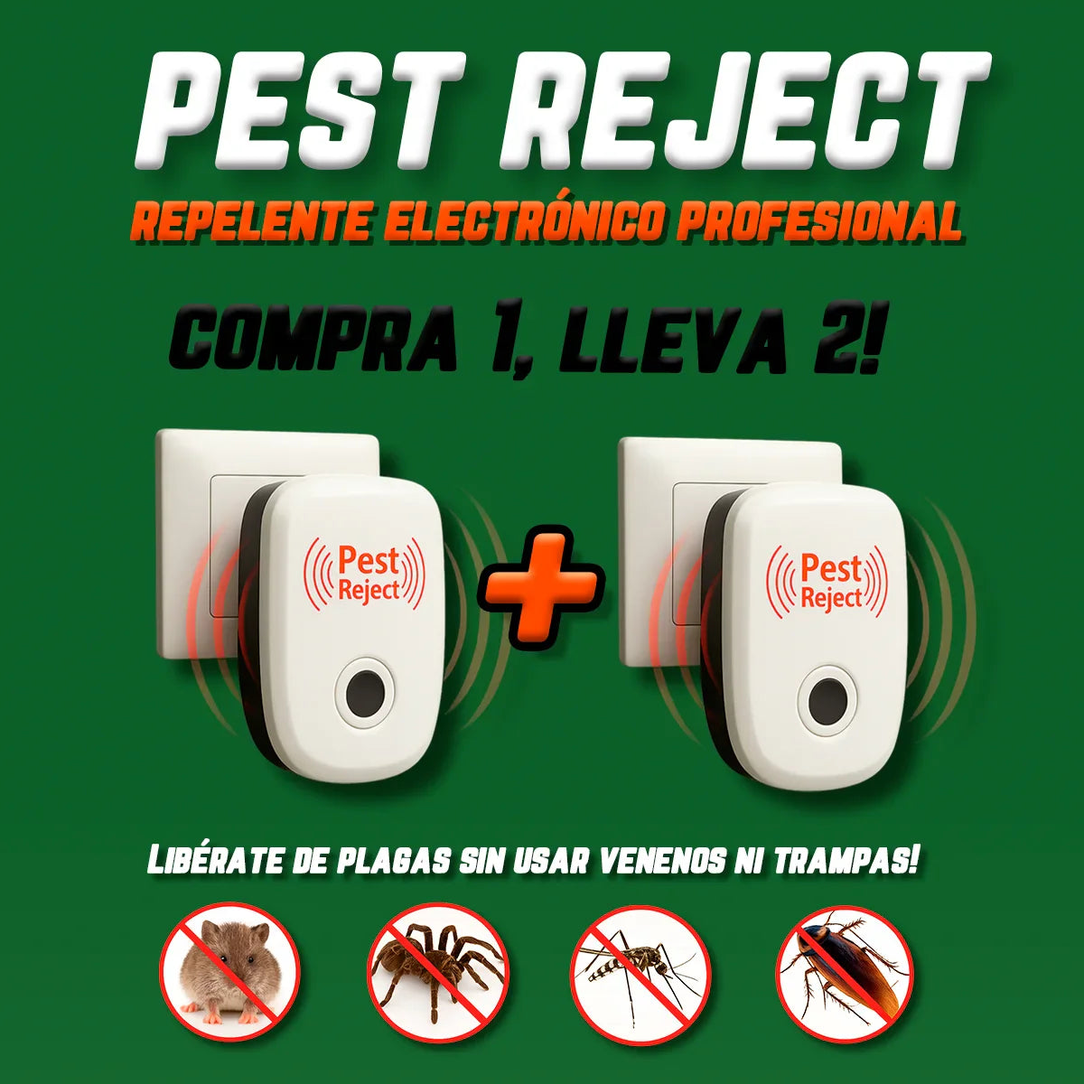 Repelente Ultrasónico Pest Reject 200m² – Seguro para Mascotas y Niños – COMPRA 1, LLEVA 2 [Sin Veneno, Silencioso]